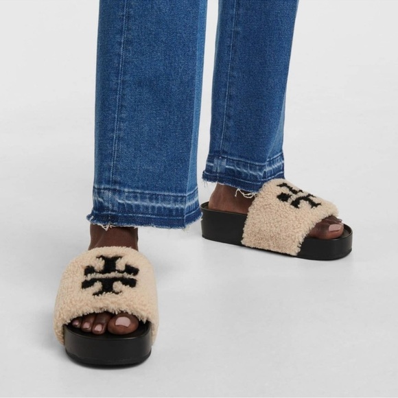 ✨ Tory Burch Faux-Shearling Double T Flatform Slides | NWT | Size 5 - Picture 2 of 15